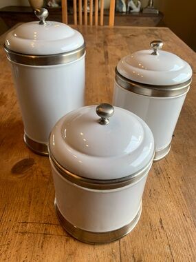 Williams Sonoma White and Silver Ceramic Canister Set
